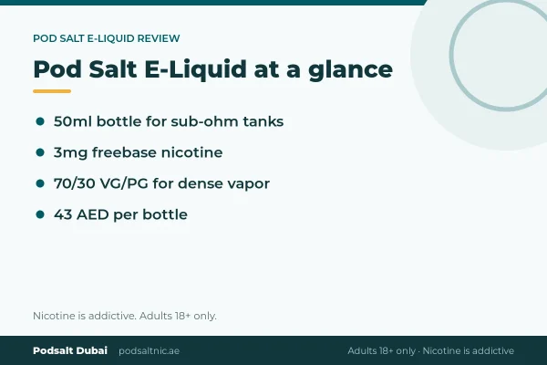 Pod Salt E-Liquid review summary: 50ml bottle, 3mg freebase nicotine, 70/30 VG/PG for sub-ohm tanks