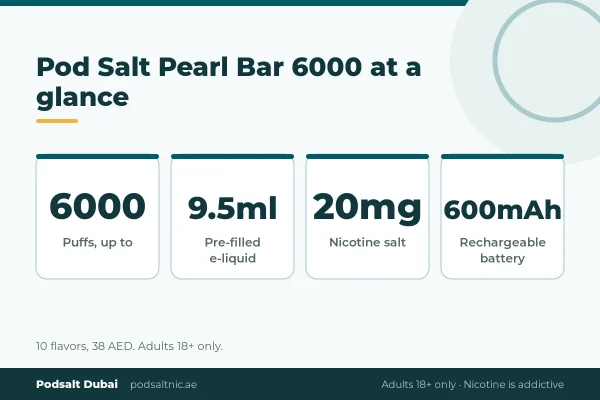 Pod Salt Pearl Bar 6000 specs: up to 6000 puffs, 9.5ml, 20mg nicotine salt, 600mAh rechargeable battery