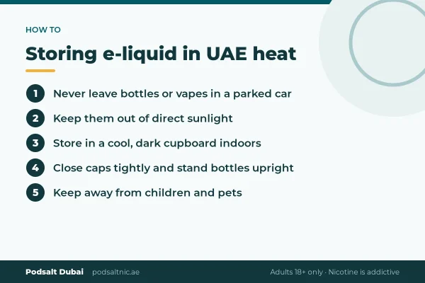 Steps for storing Pod Salt e-liquid in hot UAE weather: avoid cars and sun, store cool, dark and upright