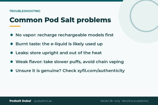 Common Pod Salt disposable problems and quick fixes for no vapor, burnt taste, leaks and weak flavor