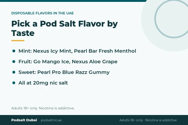 Pod Salt disposable flavor families in the UAE: mint, fruit and ice options across Nexus, Go and Pearl