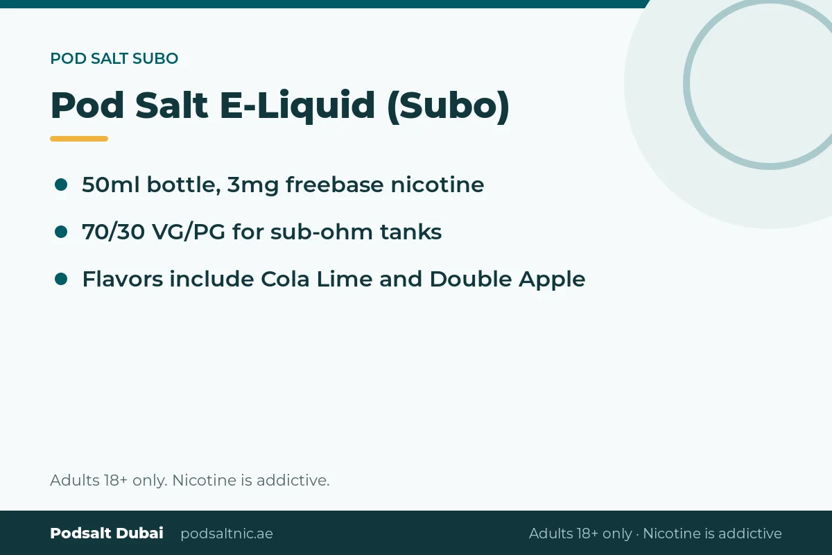 Pod Salt E-Liquid (Subo) 50ml 3mg bottles in Blue Raspberry, Cola Lime, Double Apple and Cuban Creme