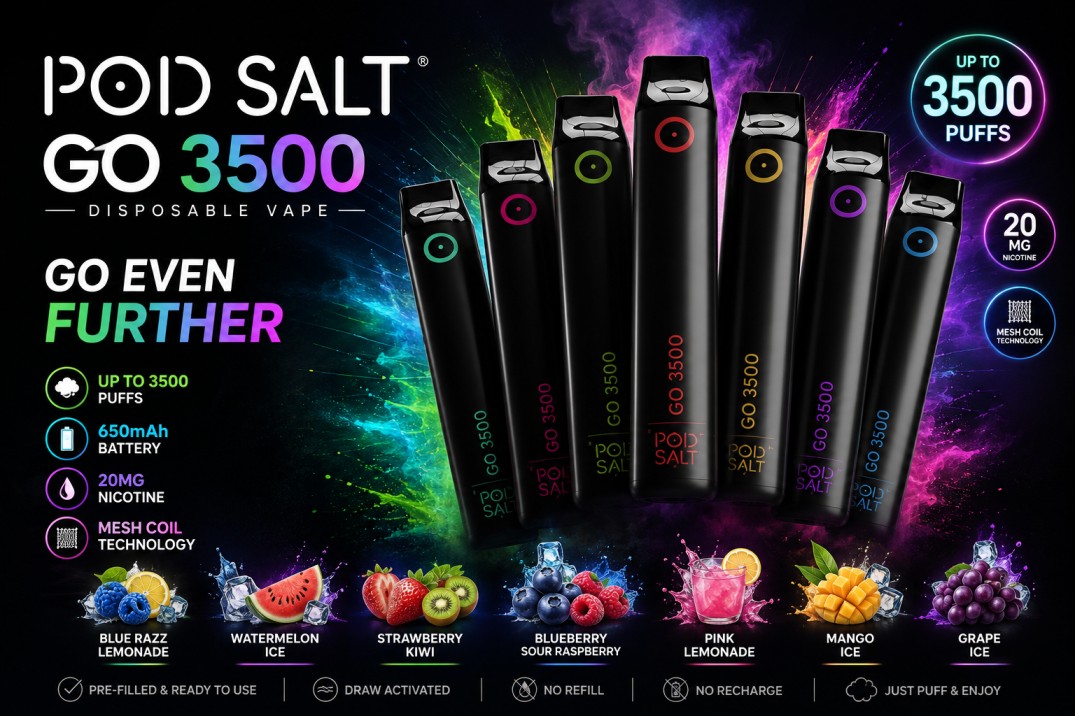 Pod Salt Go 3500 puffs disposable vape pod device showing sleek finish and airflow slider
