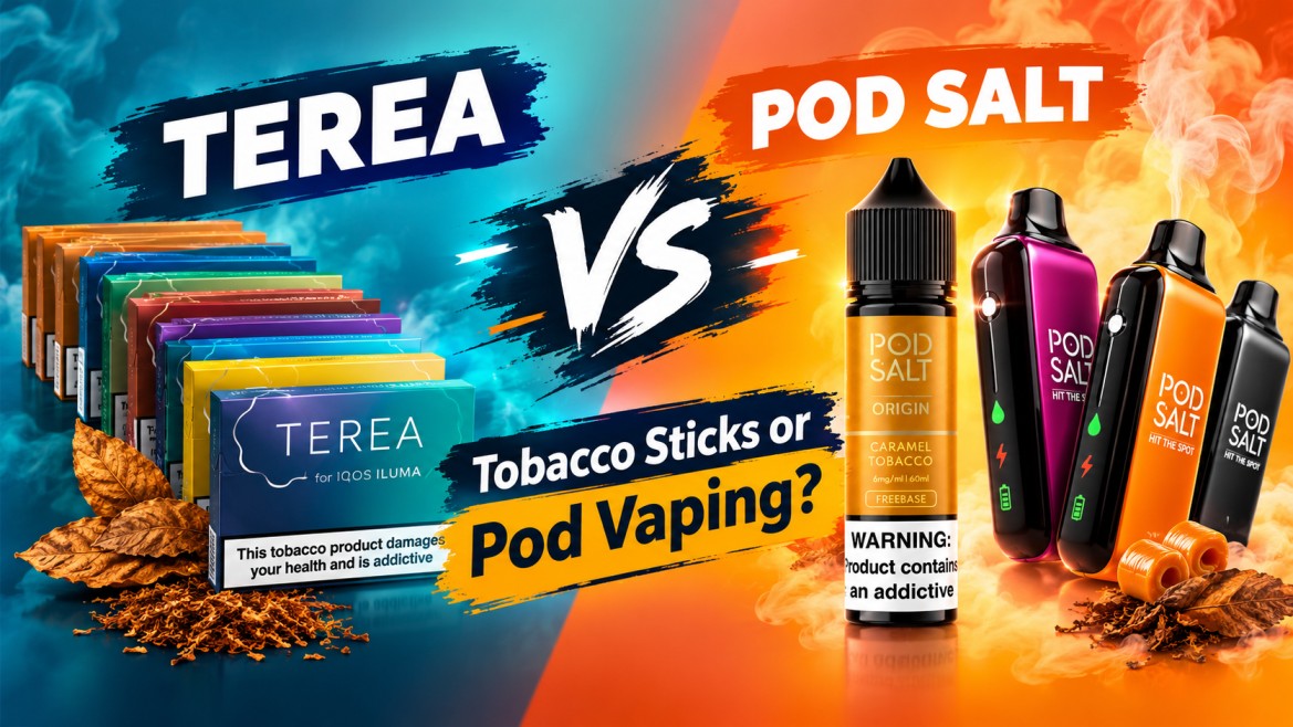 IQOS ILUMA with TEREA tobacco sticks next to a Pod Salt disposable vape and e-liquid bottle